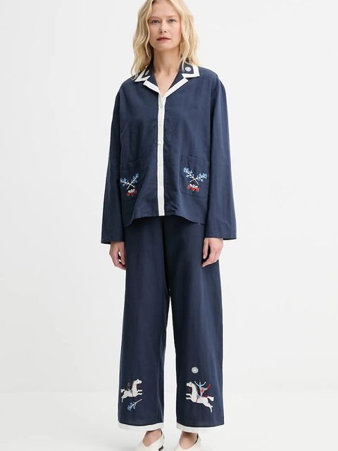 The Sleeper spodnie z domieszką lnu damskie kolor granatowy proste high waist FW2402EP - zdjęcie produktu nr 2