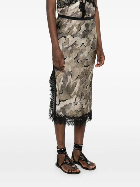 PINKO camouflage-print lace-trim midi skirt - Neutrals