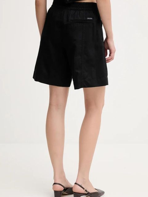 Calvin Klein Jeans szorty z domieszką lnu damskie kolor czarny gładkie high waist J20J225219