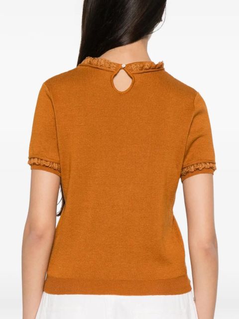 SHUSHU/TONG lace-trimmed short-sleeve sweater - Brown