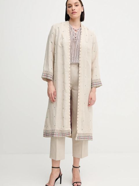 Tommy Hilfiger spodnie z domieszką lnu damskie kolor beżowy proste high waist WW0WW45461 - zdjęcie produktu nr 2