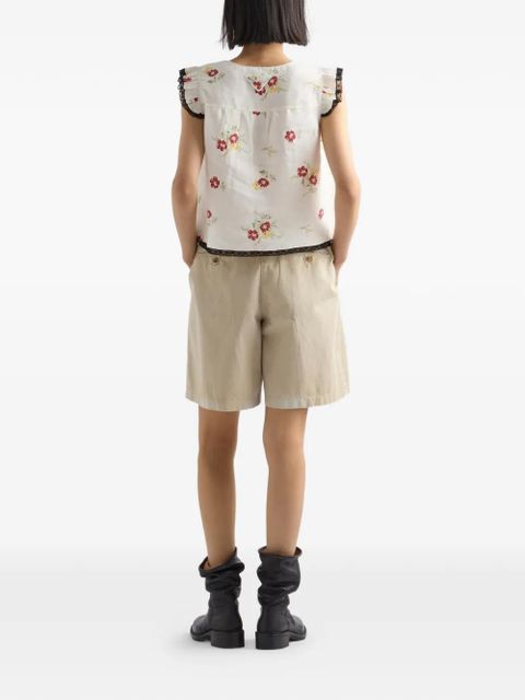 Prada linen top with floral motif - Neutrals