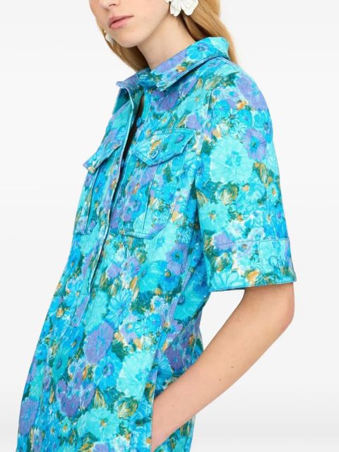 Chloé floral-patch polo-collar mini cotton dress - Blue