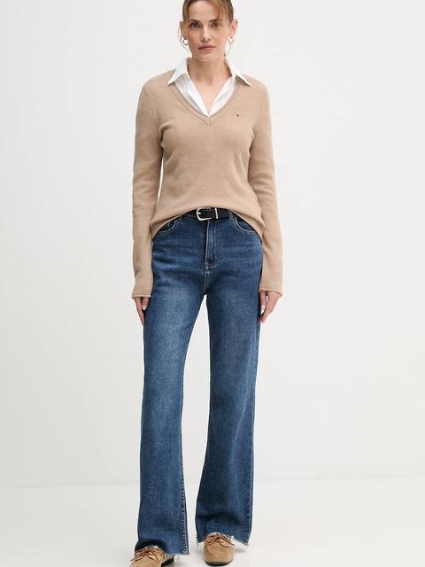 Tommy Hilfiger sweter wełniany damski kolor beżowy lekki WW0WW43505 - zdjęcie produktu nr 2