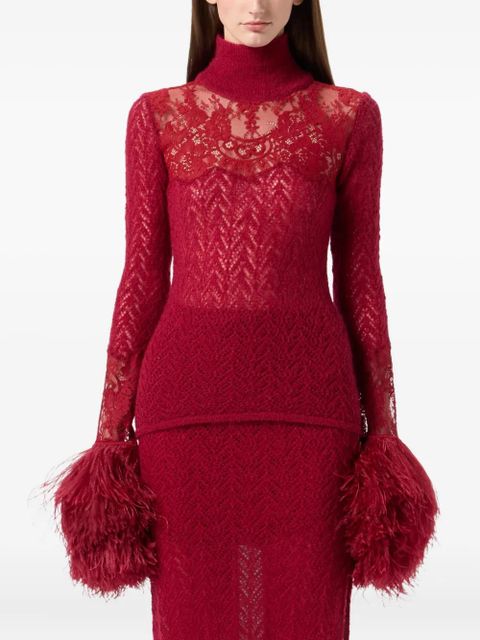 Blumarine feather-trimmed lace top - Red