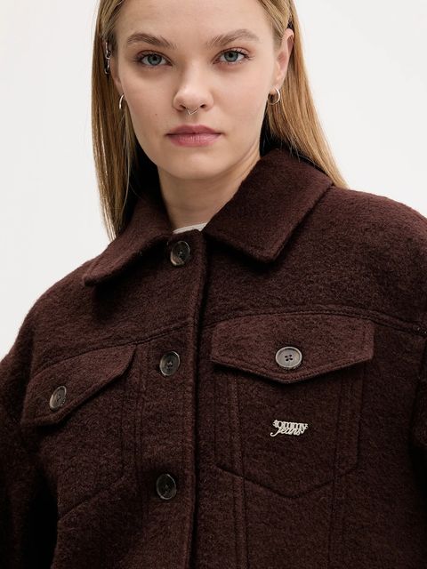 Tommy Jeans kurtka z dodatkiem wełny kolor brązowy przejściowa oversize DW0DW21662