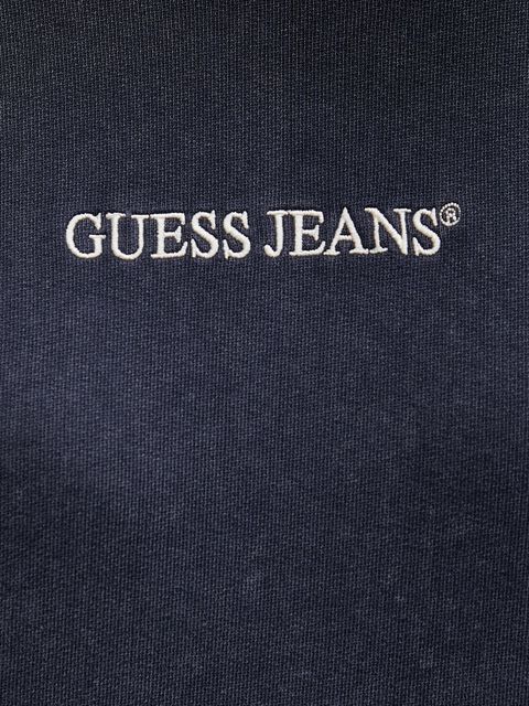 Guess Jeans bluza bawełniana damska kolor granatowy z kapturem z aplikacją W5BQ15 KCPR1