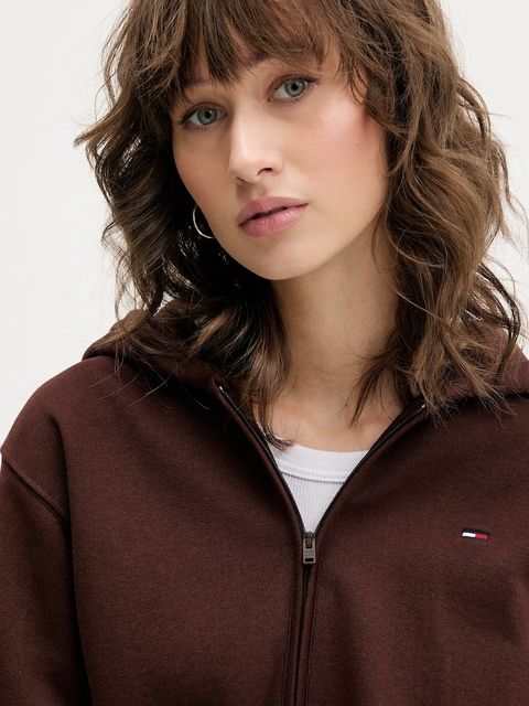 Tommy Jeans bluza bawełniana damska kolor brązowy z kapturem gładka DW0DW21590