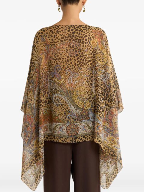 ETRO paisley-motif animal-print silk poncho - Brown