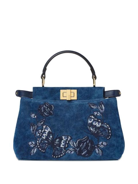FENDI mini Peekaboo floral-embroidered denim tote bag - Blue - zdjęcie produktu nr 1