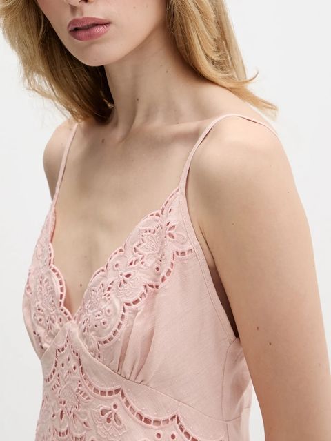 Farm Rio sukienka lniana kolor różowy midi rozkloszowana 351184