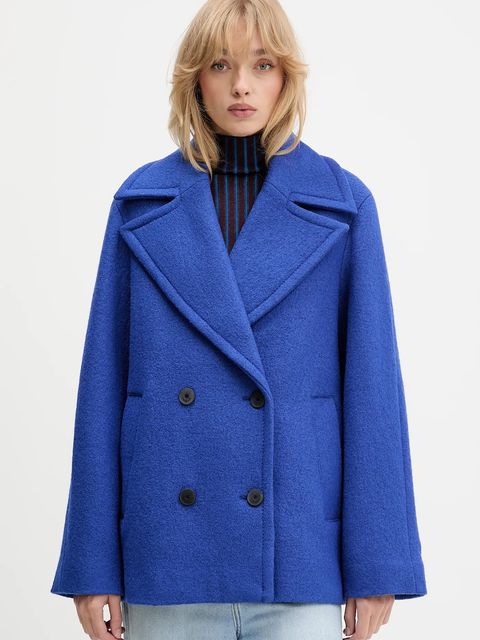 Desigual płaszcz z dodatkiem wełny SHORTCOLOR kolor niebieski 25WWEW11 - zdjęcie produktu nr 1