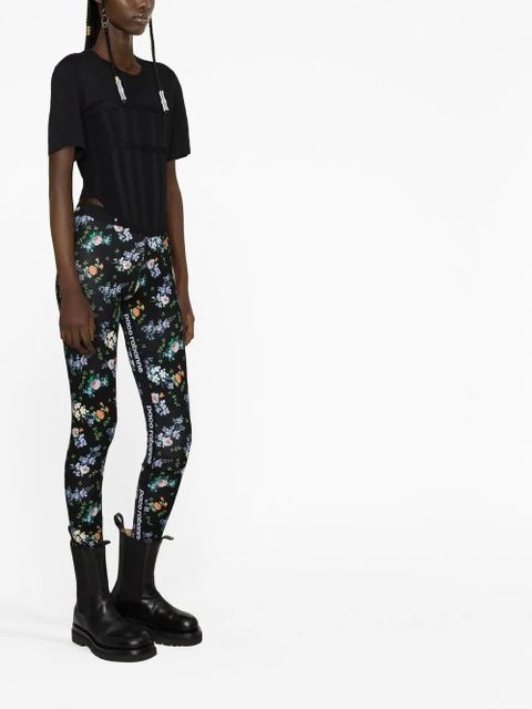 Rabanne logo-waist floral-print leggings - Black