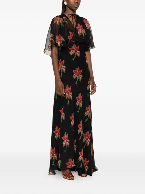 Valentino Garavani floral-print cape-sleeve dress - Black