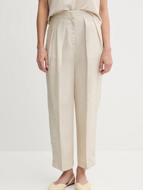 United Colors of Benetton spodnie z domieszką lnu damskie kolor beżowy proste high waist 45BVDF09B - zdjęcie produktu nr 1