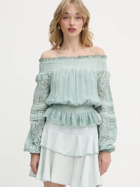 Guess spódnica z domieszką lnu TAINA kolor niebieski mini rozkloszowana W5GD85 D5N81