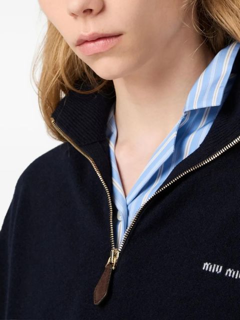 Miu Miu suede-patch half-zip sweater - Blue