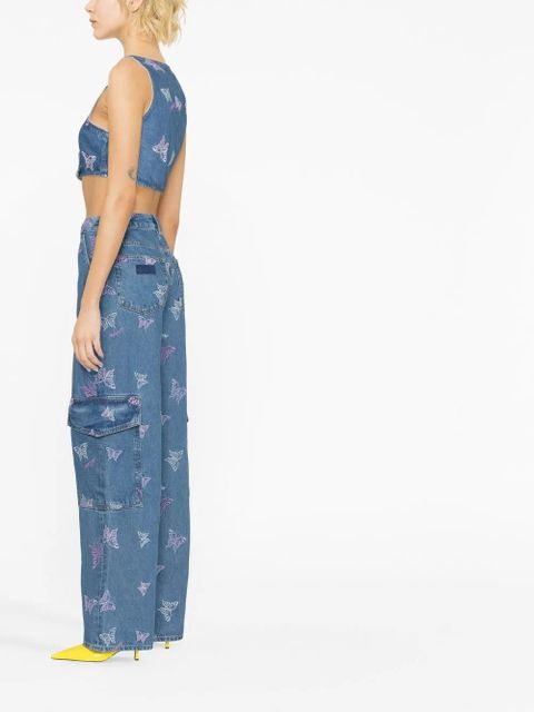 GANNI embroidered denim crop top - Blue