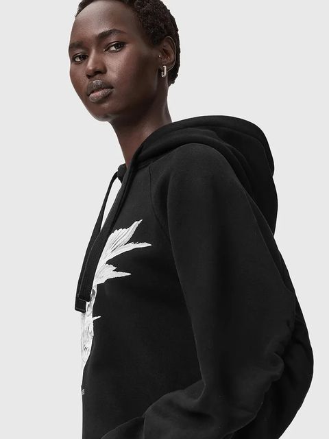 AllSaints bluza z bawełną damska kolor czarny z kapturem z nadrukiem W092JD