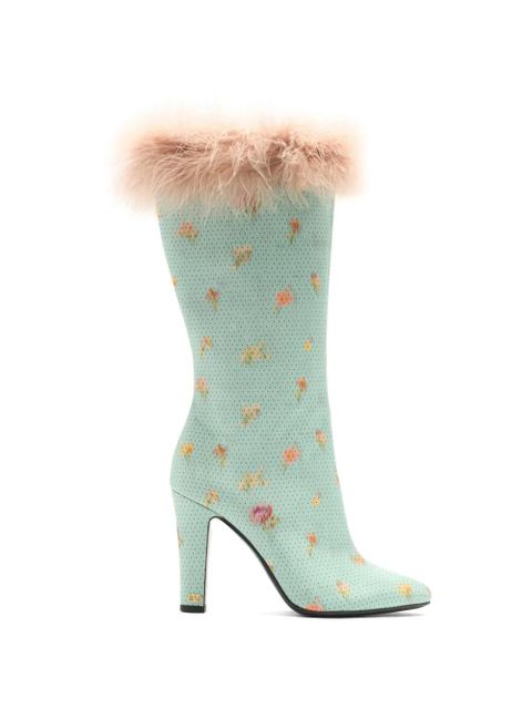 Valentino Garavani Hotty feather-trim floral-print boots - Blue - zdjęcie produktu nr 1