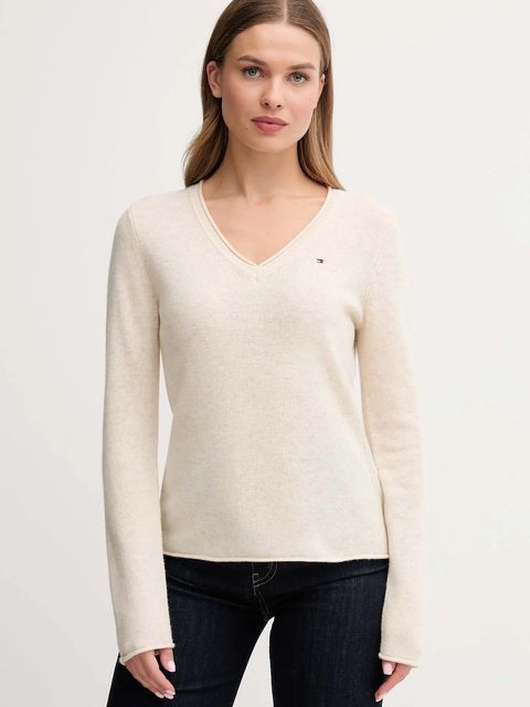 Tommy Hilfiger sweter wełniany damski kolor beżowy lekki WW0WW43505 - zdjęcie produktu nr 1