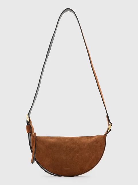 AllSaints torebka zamszowa HALFMOON kolor brązowy W334XC - zdjęcie produktu nr 1