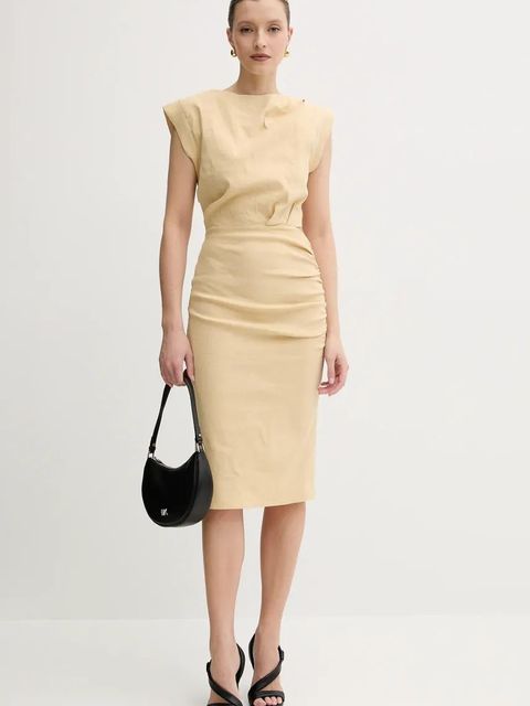 Pinko sukienka lniana kolor beżowy mini dopasowana 104955 A0IM