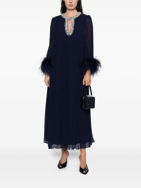 Self-Portrait feather-cuff pleated maxi dress - Blue