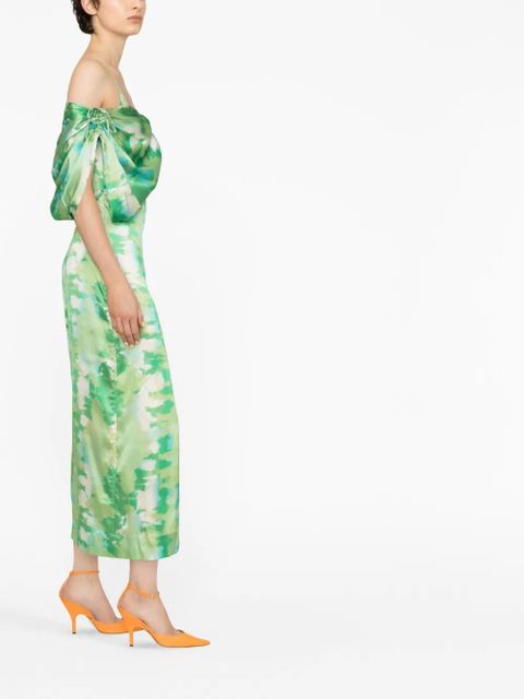 GANNI printed off-shoulder silk dress - Green