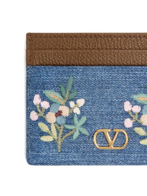 Valentino Garavani VLogo Signature card holder in denim with floral embroidery - Brown