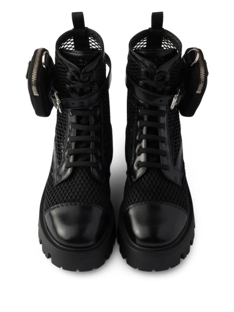 Prada Monolith mesh pouch combat boots - Black