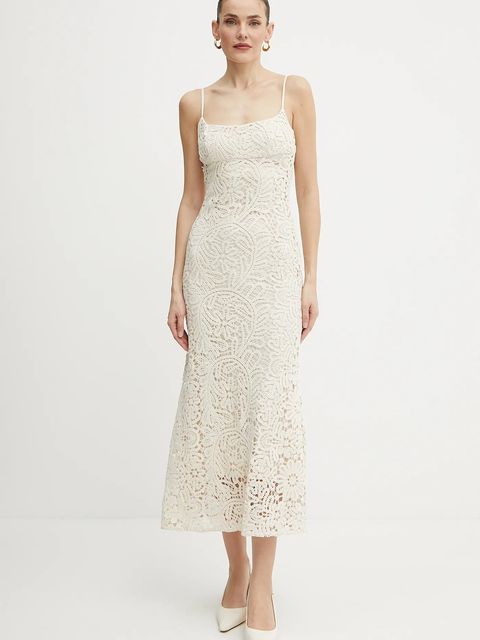 Bardot sukienka bawełniana kolor beżowy midi dopasowana 57998DB6