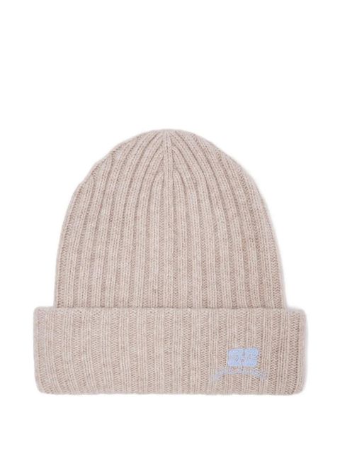 GANNI ribbed logo-detail beanie hat - Neutrals - zdjęcie produktu nr 1