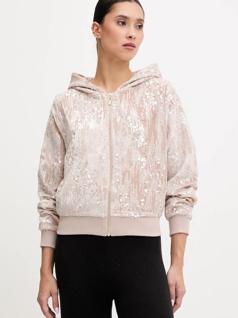 Guess bluza damska kolor beżowy z kapturem z aplikacją V5BQ02 K1922 - zdjęcie produktu nr 1