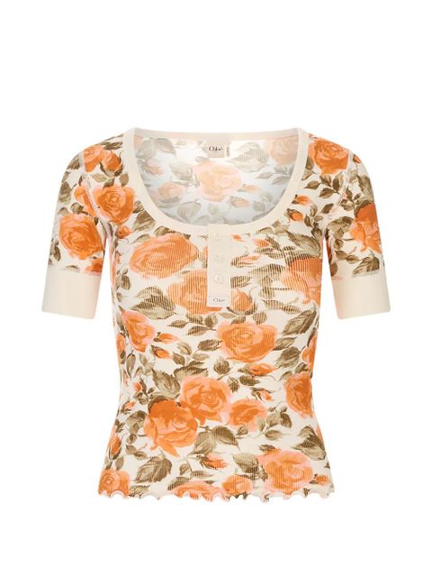 Chloé floral-print ribbed-knit t-shirt - Neutrals - zdjęcie produktu nr 1