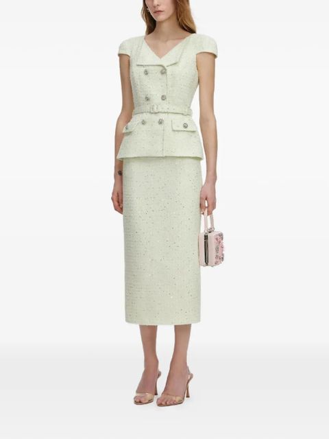 Self-Portrait button belted boucle midi dress - Green - zdjęcie produktu nr 2