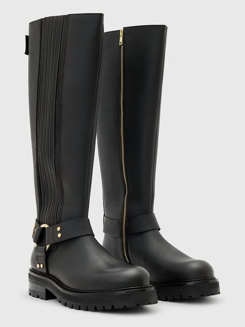 AllSaints kozaki skórzane Maddie High Boot damskie kolor czarny na płaskim obcasie W185FB