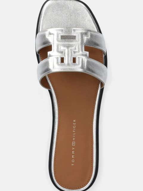 Tommy Hilfiger klapki skórzane TH LOGO STRAP METALLIC MULE damskie kolor srebrny FW0FW08676