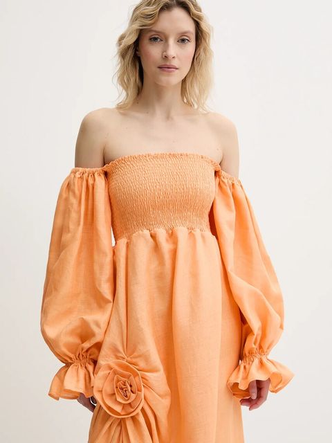 The Sleeper sukienka lniana kolor pomarańczowy midi rozkloszowana ATDR01P014R