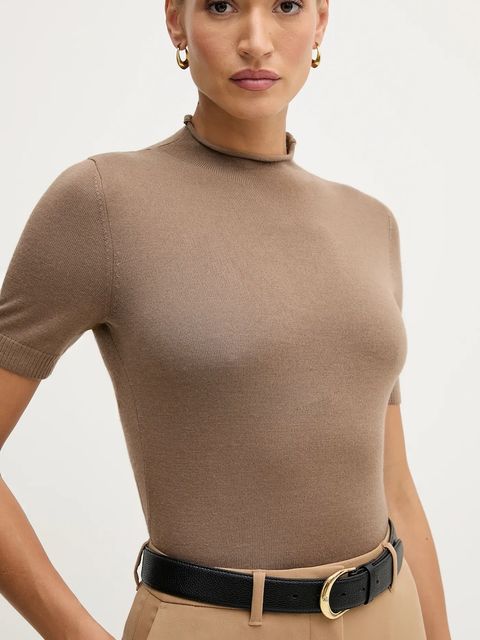 Sisley sweter z dodatkiem wełny damski kolor brązowy z półgolfem 11BAM105P