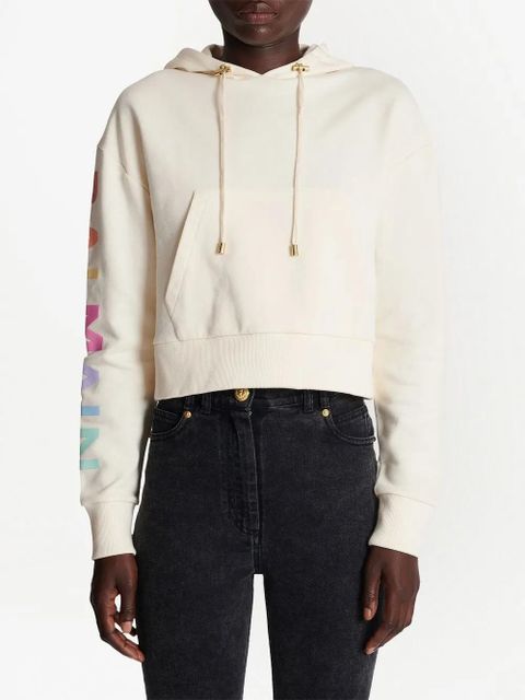 Balmain logo-print cropped hoodie - White