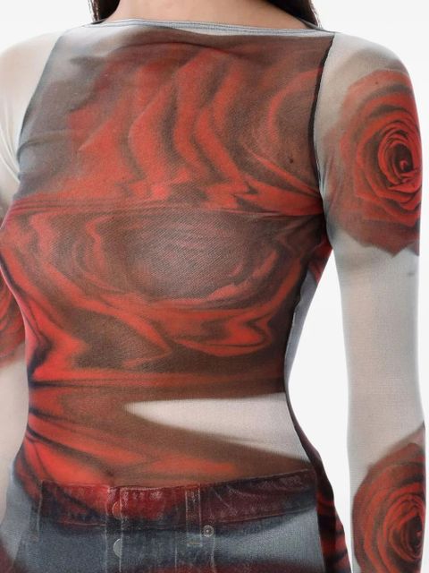 Jean Paul Gaultier rose-print mesh top - Red