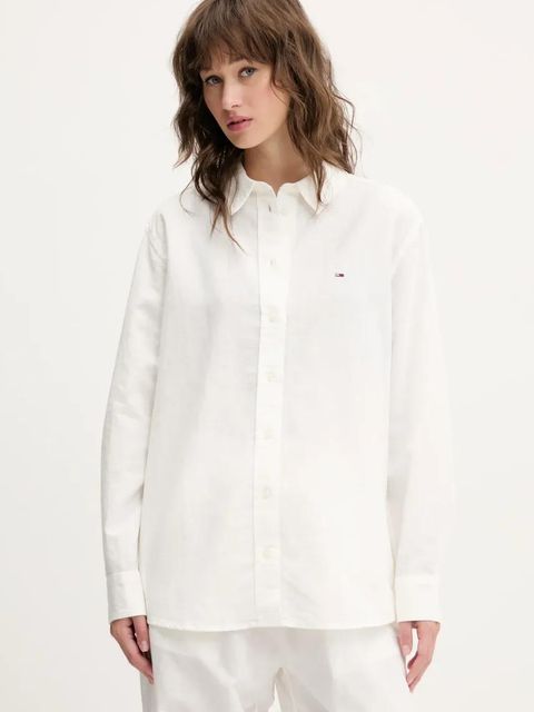 Tommy Jeans koszula z domieszką lnu damska kolor beżowy regular z kołnierzykiem klasycznym DW0DW20292 - zdjęcie produktu nr 1