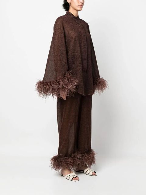 Oséree feather-trim detail blouse - Brown