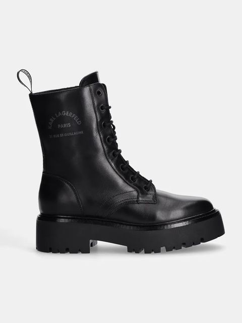 Karl Lagerfeld workery skórzane BURLY BIKER damskie kolor czarny na płaskim obcasie KL43455