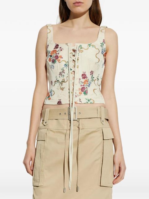 Alexander McQueen floral-print lace-up corset top - Neutrals