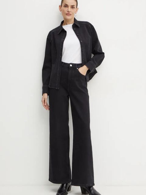 Ivy Oak koszula jeansowa damska kolor czarny regular z kołnierzykiem klasycznym IO112343