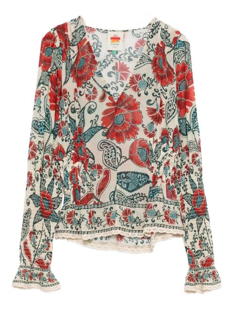 FARM Rio floral-print ruffled blouse - Neutrals - zdjęcie produktu nr 1