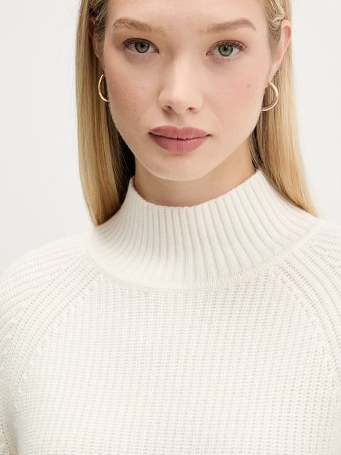 HUGO sweter z wełną damski kolor beżowy z półgolfem 50548292