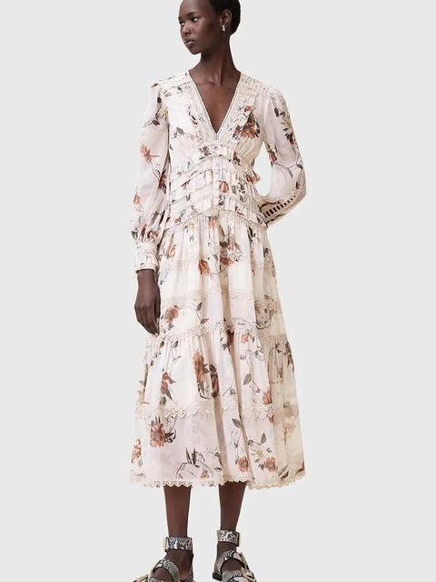 AllSaints sukienka ZORA MIDI kolor beżowy midi rozkloszowana W084DC - zdjęcie produktu nr 1